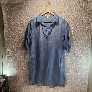 Cloth & Stone Blue Chambray Tunic Shirt Dress Size Small Lyocell Roll Tab Sleeve
